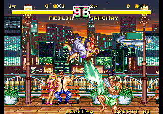 Feilin throwing an air Mantis Claw against a crouching Samchay.